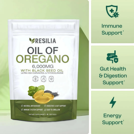 Resilia Softgels with Black Seed Oil – Premium Grade Oregano Oil Capsules for Immune & Digestive Support – Gluten-Free Softgels – Natural Herbal Wellness Supplement (60 Count)